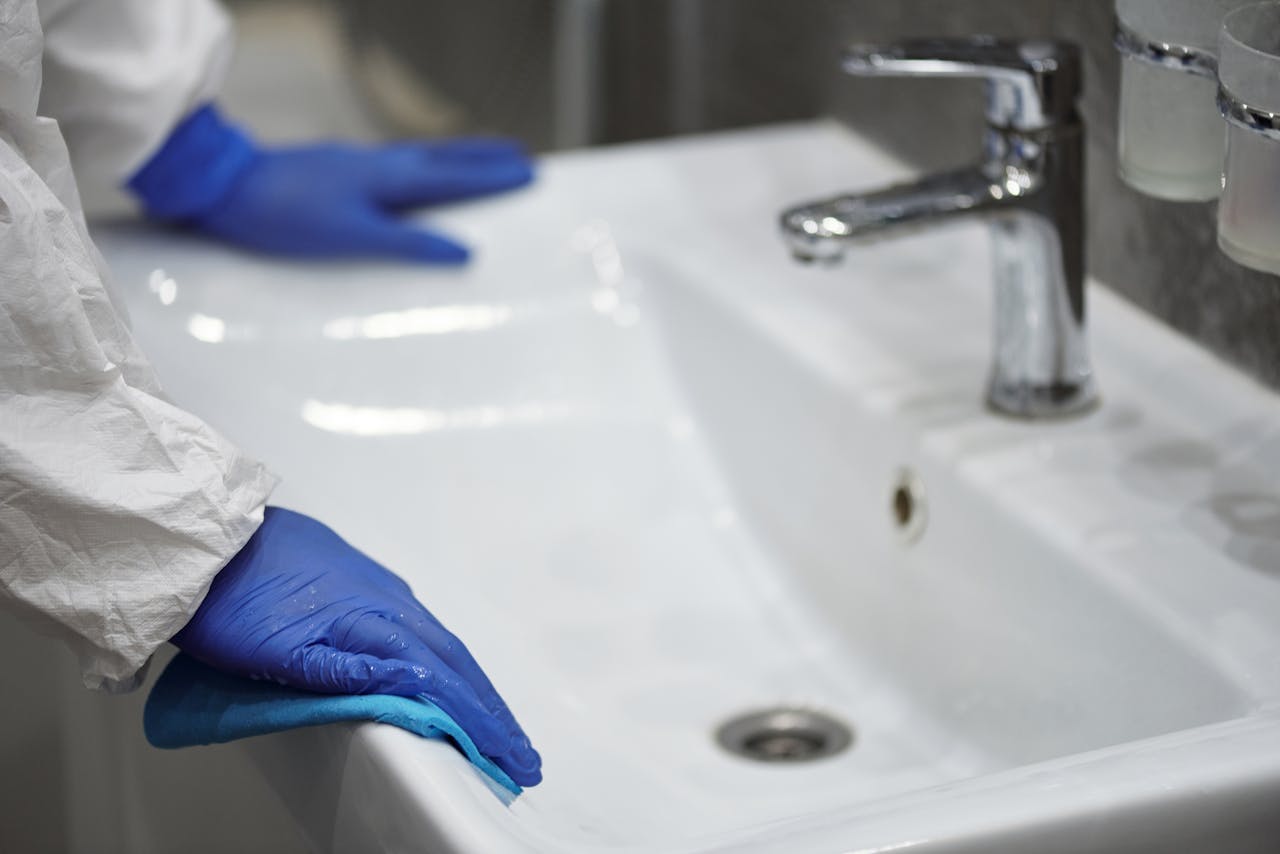 Services-02 Close-up of a gloved professional cleaning a sink for sanitation.