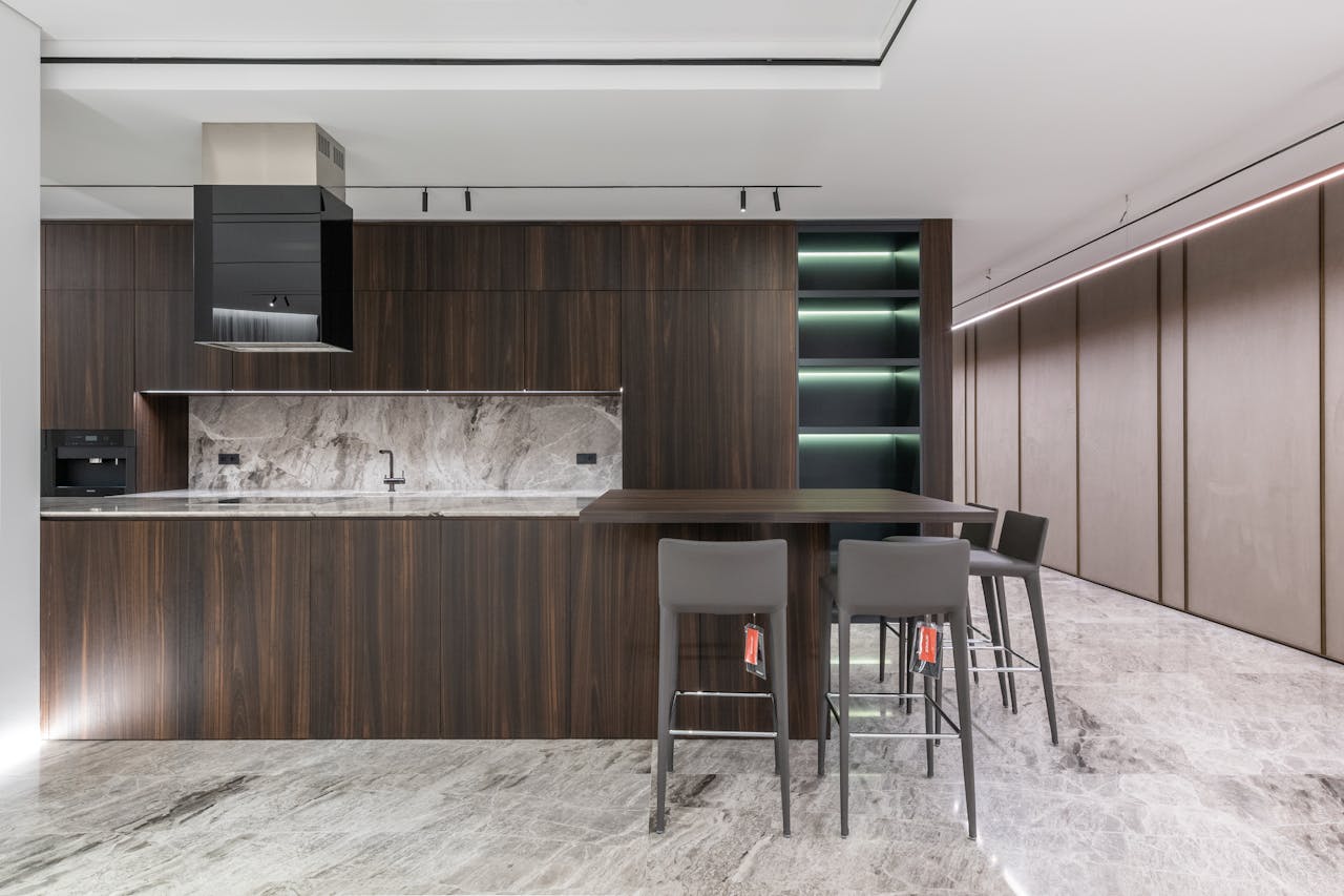 digital Interior design of kitchen in modern style with appliances and furniture in flat